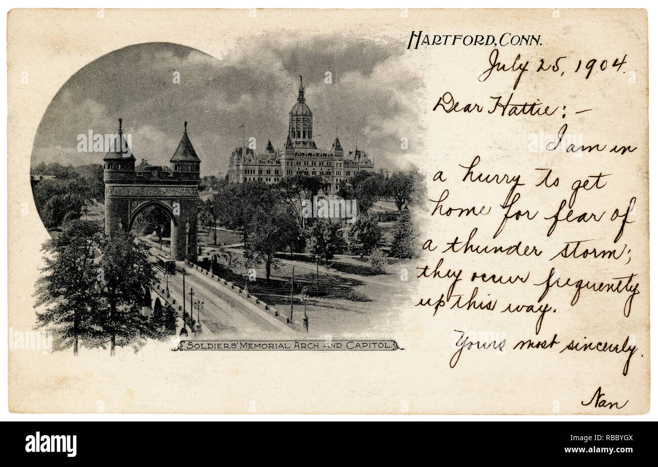 Postkarte von Hartford Connecticut datiert 1904 zeigt das Capitol und Bürgerkrieg Memorial. Zeigt die handschriftliche Notiz über das Ändern von Wetter. Stockfoto