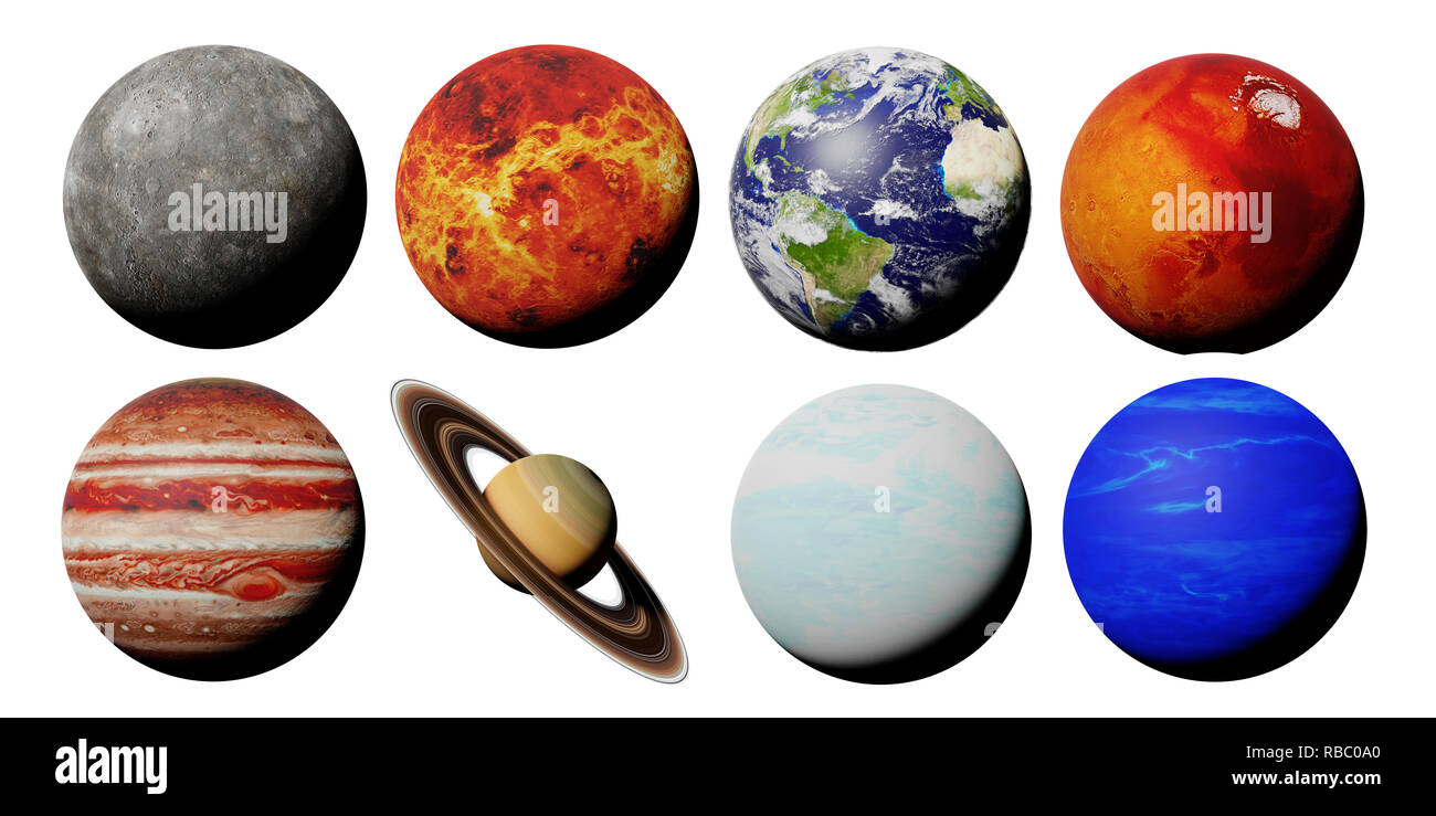Die Planeten des Sonnensystems auf weißem Hintergrund (3D-Raum zu machen, Elemente dieses Bild von der NASA eingerichtet sind isoliert) Stockfoto