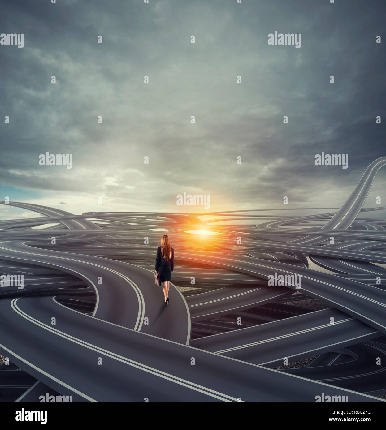 Verwirrt Straße für eine Geschäftsfrau. Lange und schwierige Karriere Konzept Stockfoto