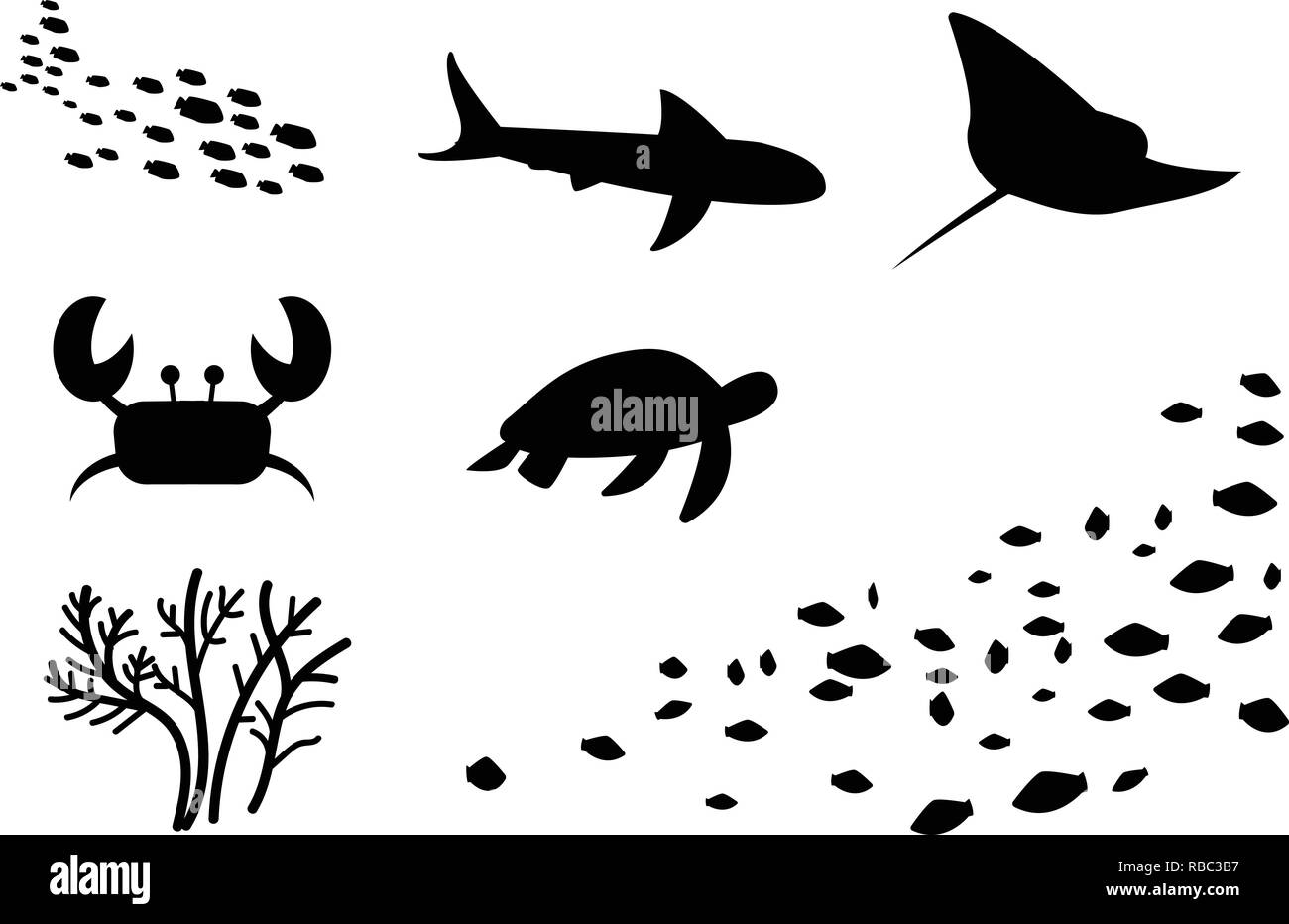 Silhouette von Fischen, Stingray, Krabben, Schildkröten, Korallen, Vektorgrafiken Stock Vektor