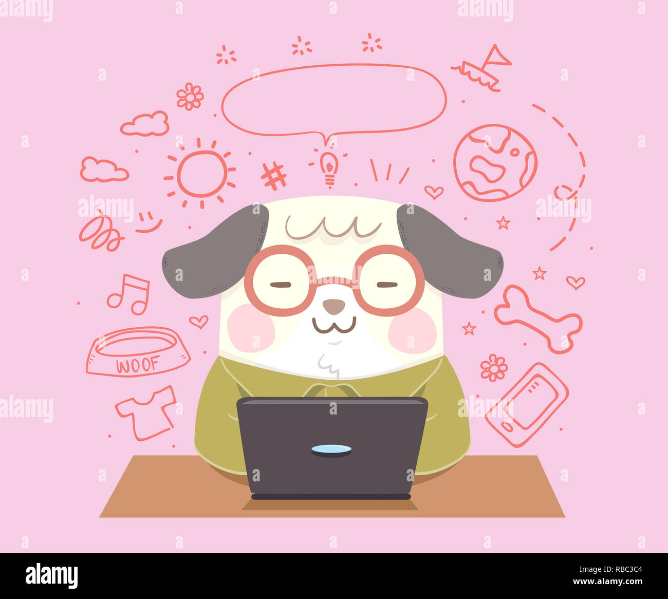 Abbildung: ein Hund mit einem Laptop mit vlogging Doodles Stockfoto