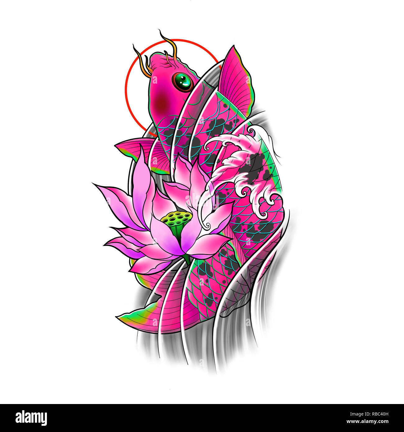 Hand Koi Fisch mit Lotus Blume und Wasser wave Tattoo Design gezeichnet, Digitale Kunst, Malerei, Japanisch tattoo Art, Tattoo Flash Image. Stockfoto