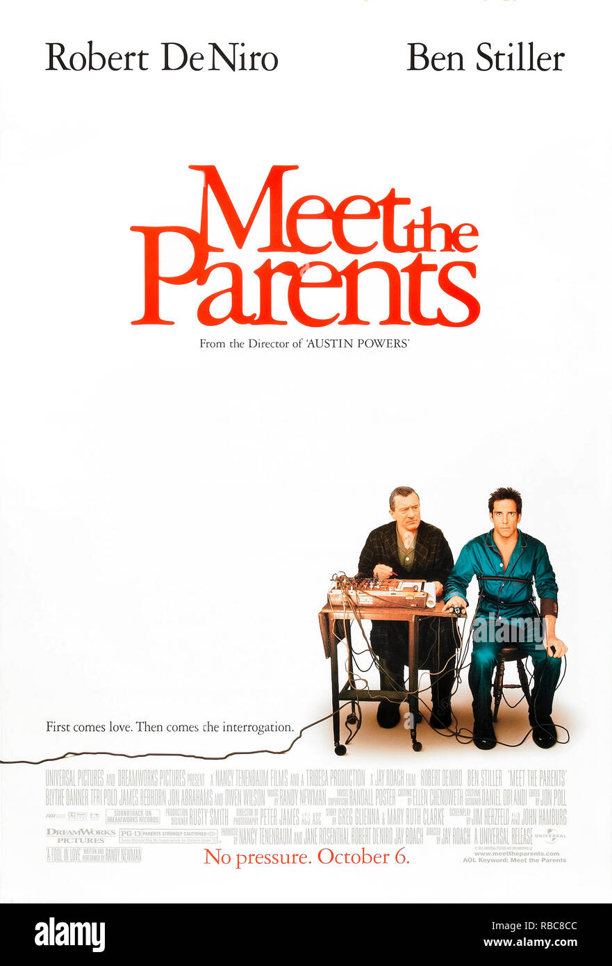 Die Eltern (2000) Regie: Jay Roach Treffen und mit Ben Stiller, Robert De Niro, Teri Polo, Owen Wilson. Greg Focker entspricht seiner Freundin Schutz- und CIA-ausgebildeten Vater. Stockfoto
