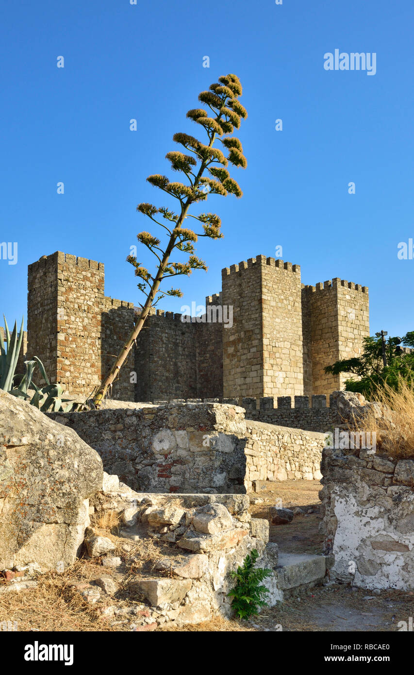 Das Schloss von Trujillo, die auf der 9. bis 12. Jahrhundert steht auf dem höchsten Punkt der Stadt. Es wurde über die Reste einer alten maurischen Zitadelle aufgeworfen. Trujillo, Spanien Stockfoto