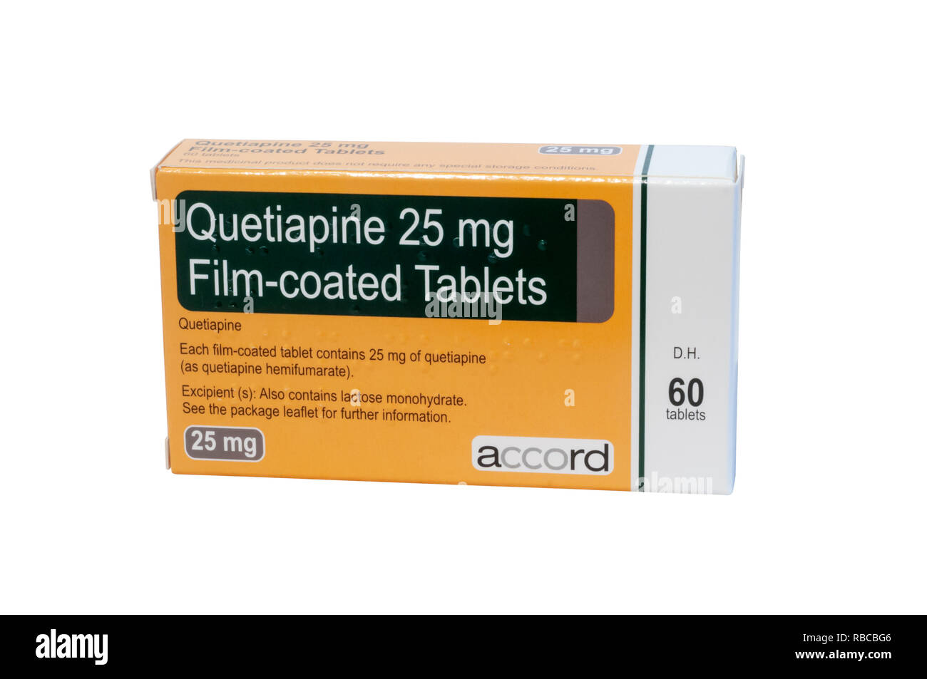 Ein Paket von Quetiapin Tabletten, ein Antipsychotisches Medikament in der Behandlung der Schizophrenie, bipolaren Störungen und depressiven Störungen. Stockfoto