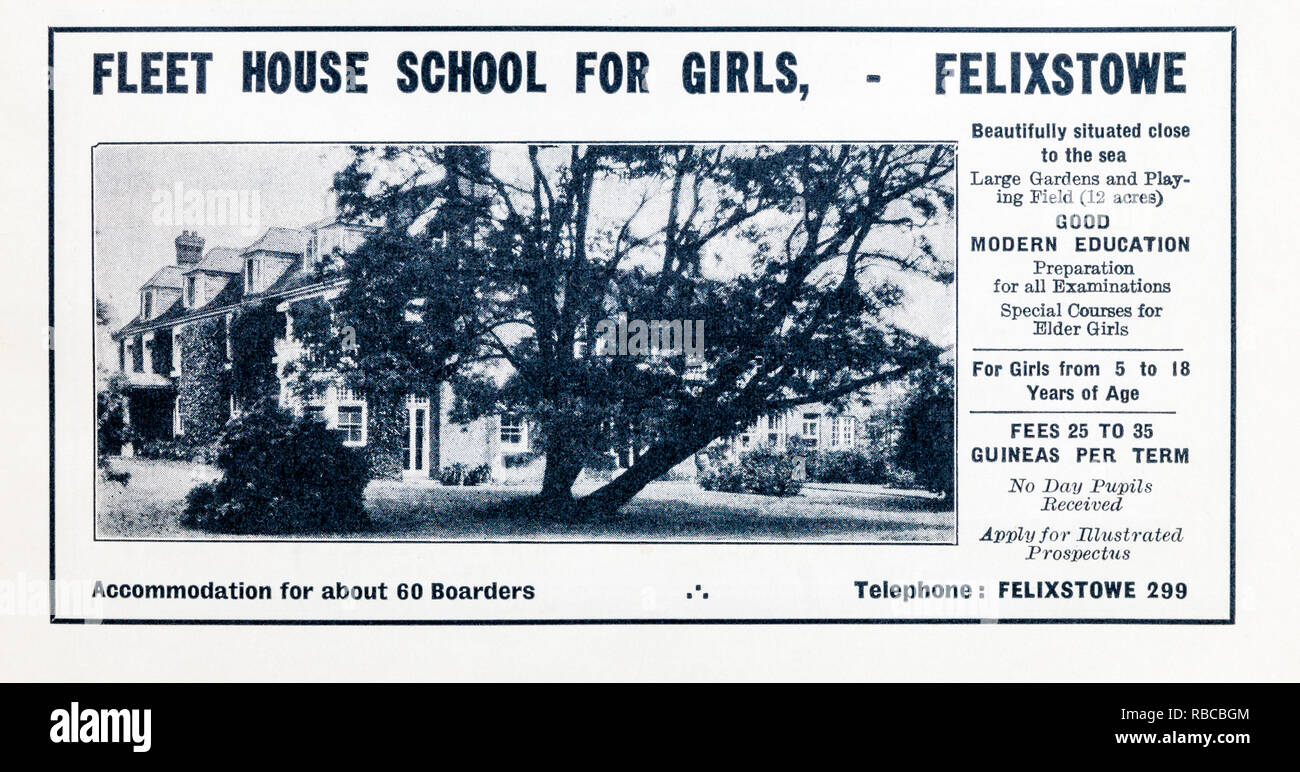 Eine 1930er Werbung für Flotte House School für Mädchen in Felixstowe. Stockfoto