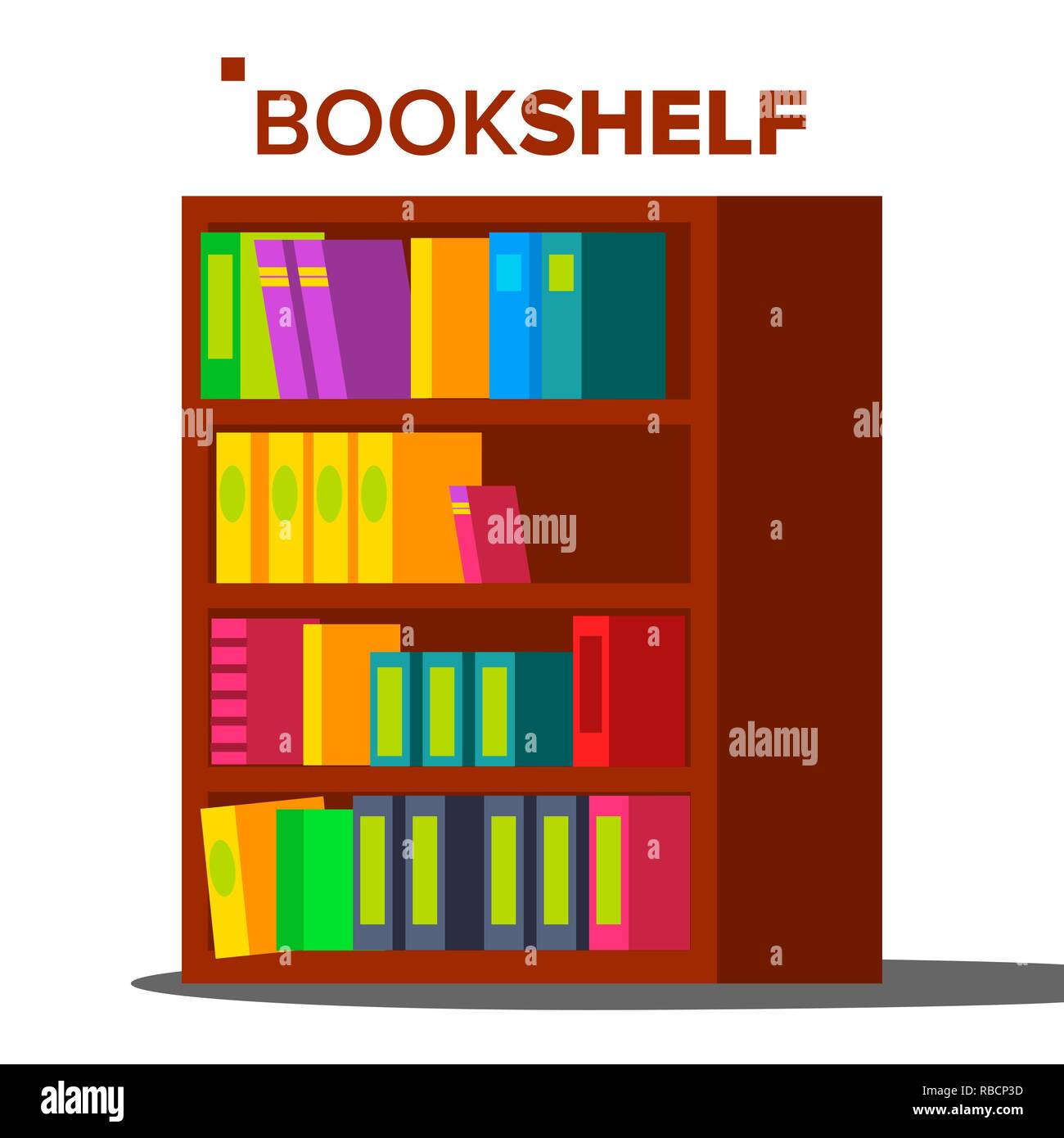 Bücherregal Vektor. Home Bibliothek oder Buchhandlung. Bücherregal voll von verschiedenen Farbe Bücher. Isolierte flache Cartoon Illustration Stock Vektor