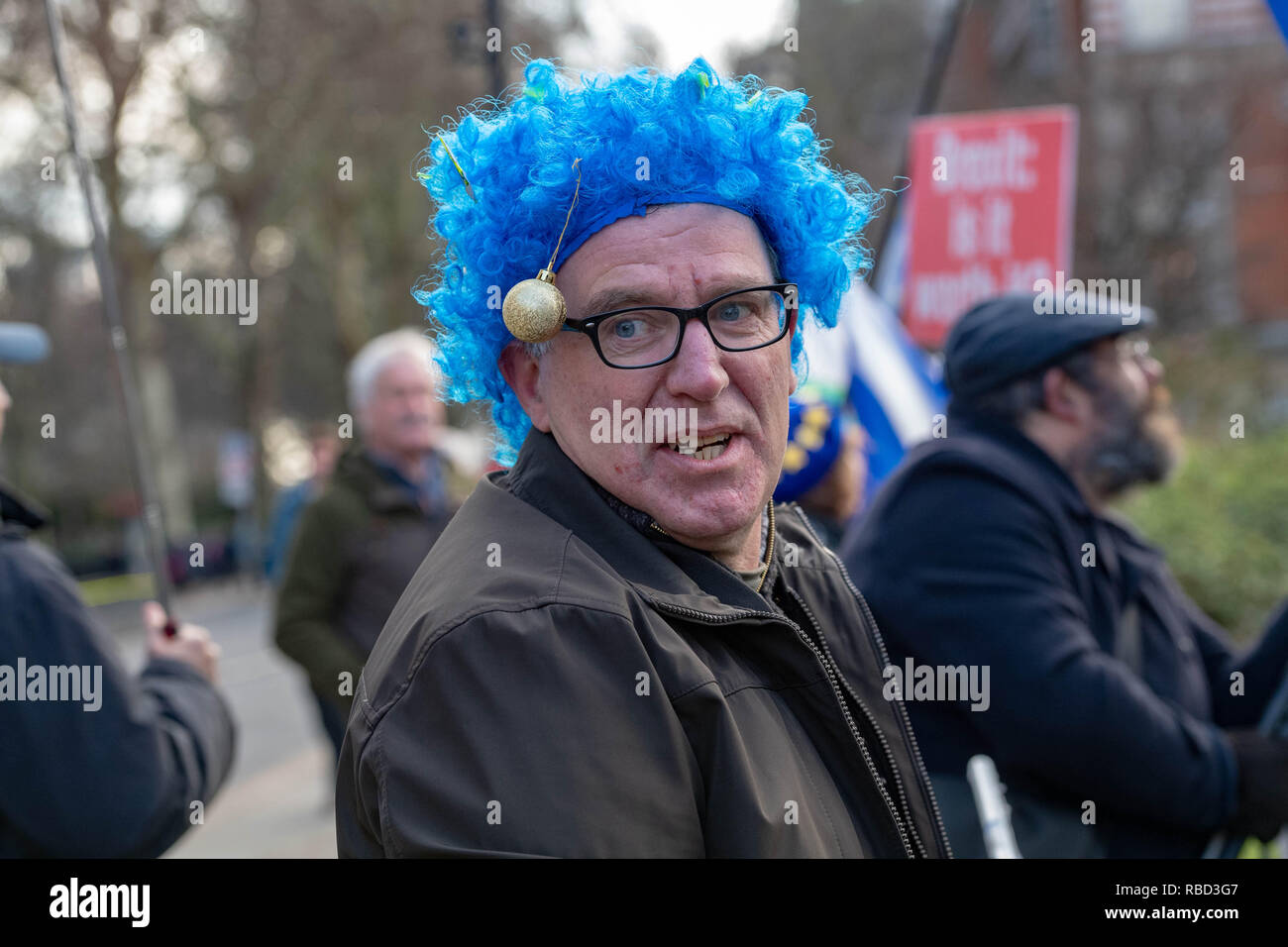 London, Großbritannien. 9. Januar 2019, ein Demonstrant in Europa bleiben mit einer blauen Perücke Credit: Ian Davidson/Alamy leben Nachrichten Stockfoto