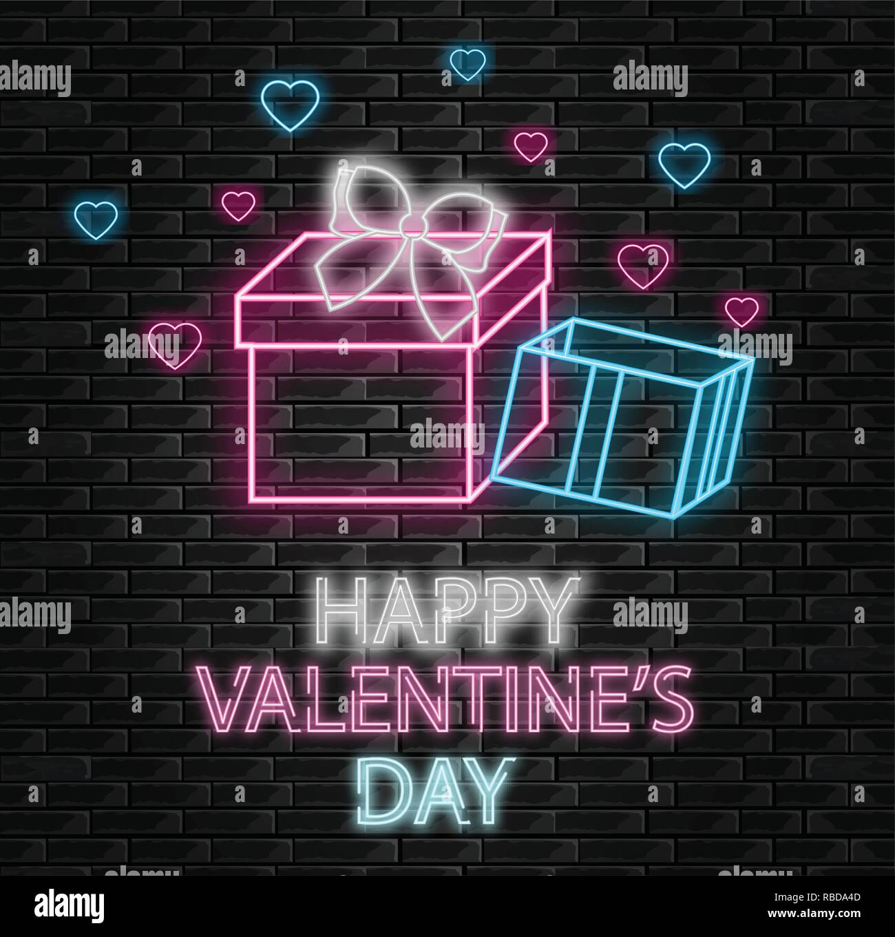 Geschenkbox Neonlicht Vektor. Happy Valentinstag romantisch Vorlage. Geschenke Shop. Einladung oder Grußkarte Stock Vektor