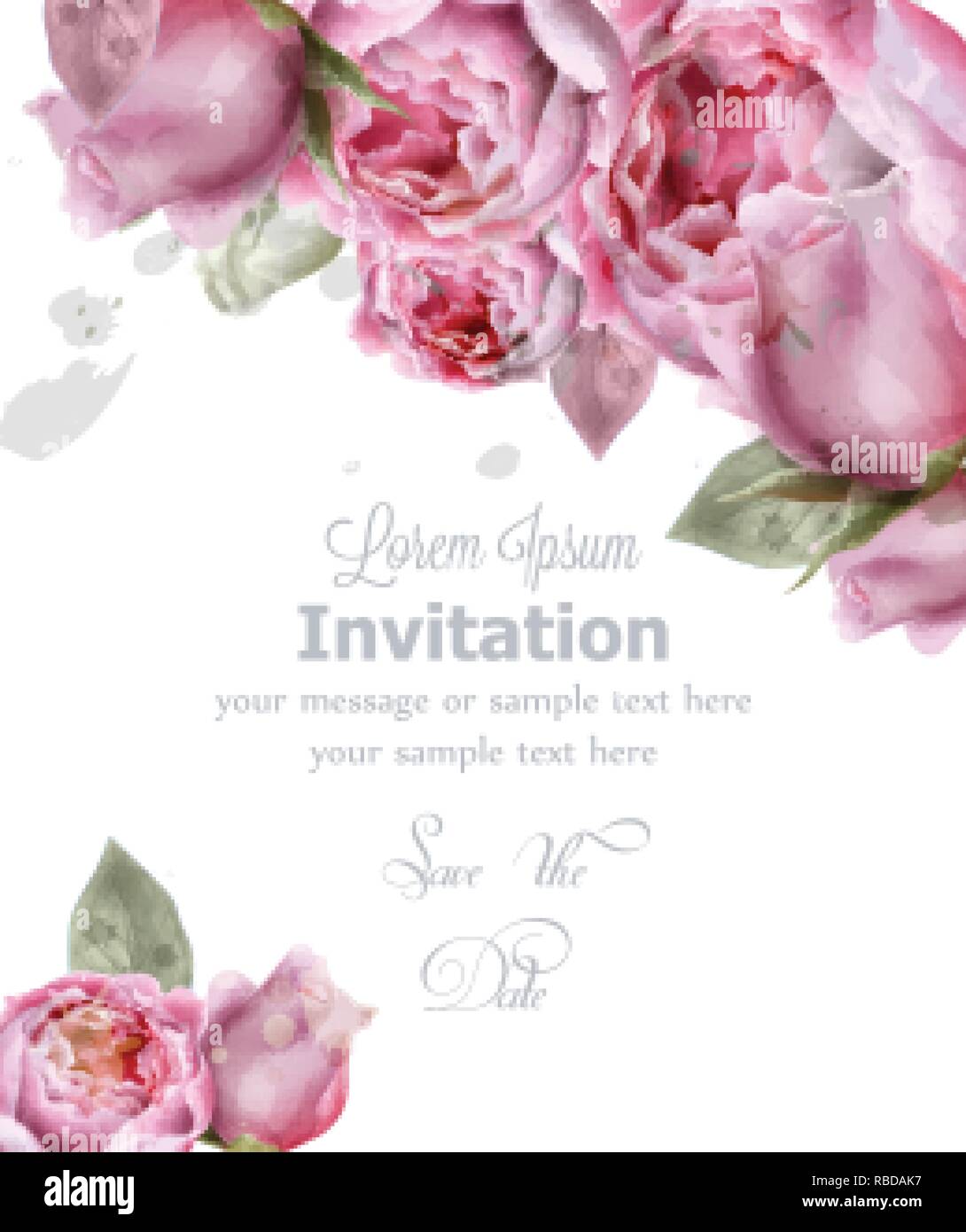 Pfingstrose Blumen Aquarell Vektor. Einladungskarte, Hochzeit, zarte Postkarte, Frauen Tag Grußkarte. Schönen Pastelltönen Stock Vektor