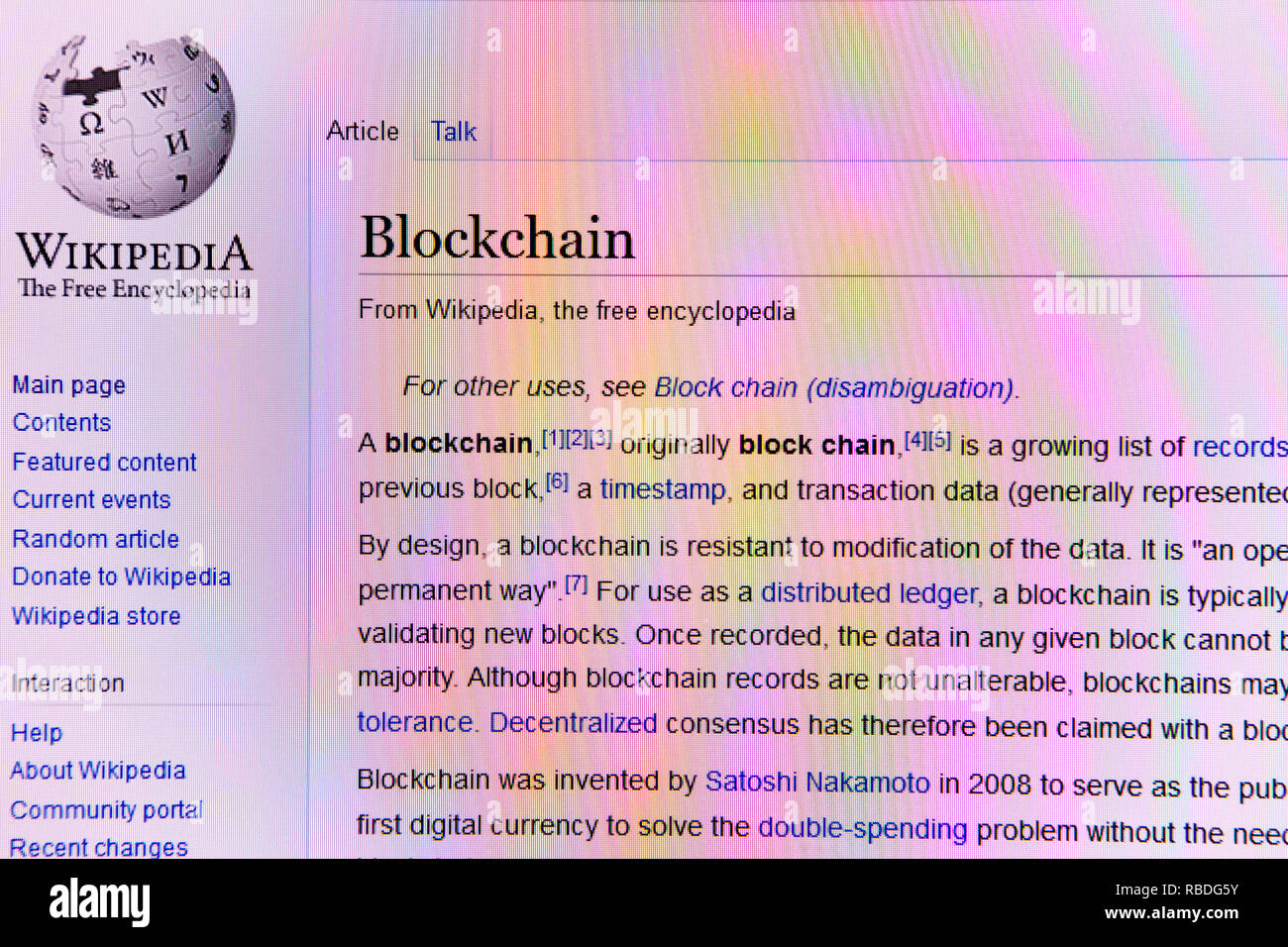 Wikipedia Website Artikel für BlockChain verteilt Ledgertechnik Stockfoto