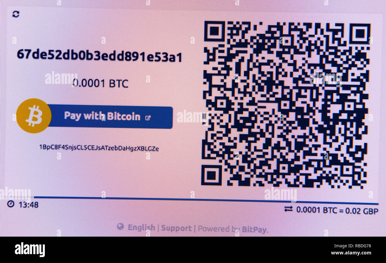 Mit BitCoin logo und QR-Code auf einer Website Pay Stockfoto