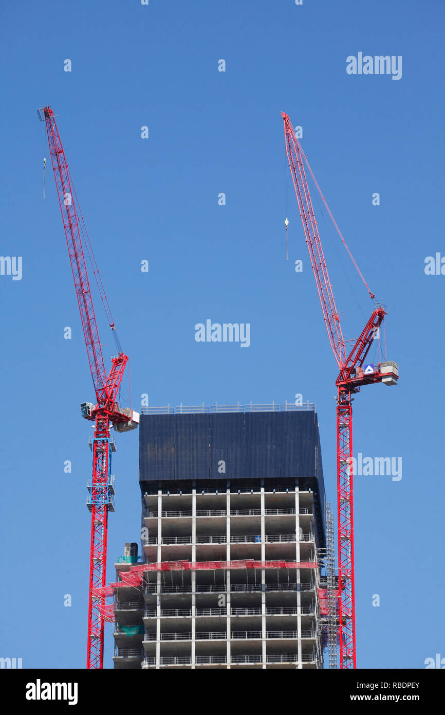 Baustelle, Gerüstbau, Neubau, Baukräne, Frankfurt am Main, Hessen, Deutschland, Europa ich Baustelle, Baugerüst, Neubau, Bauk Stockfoto