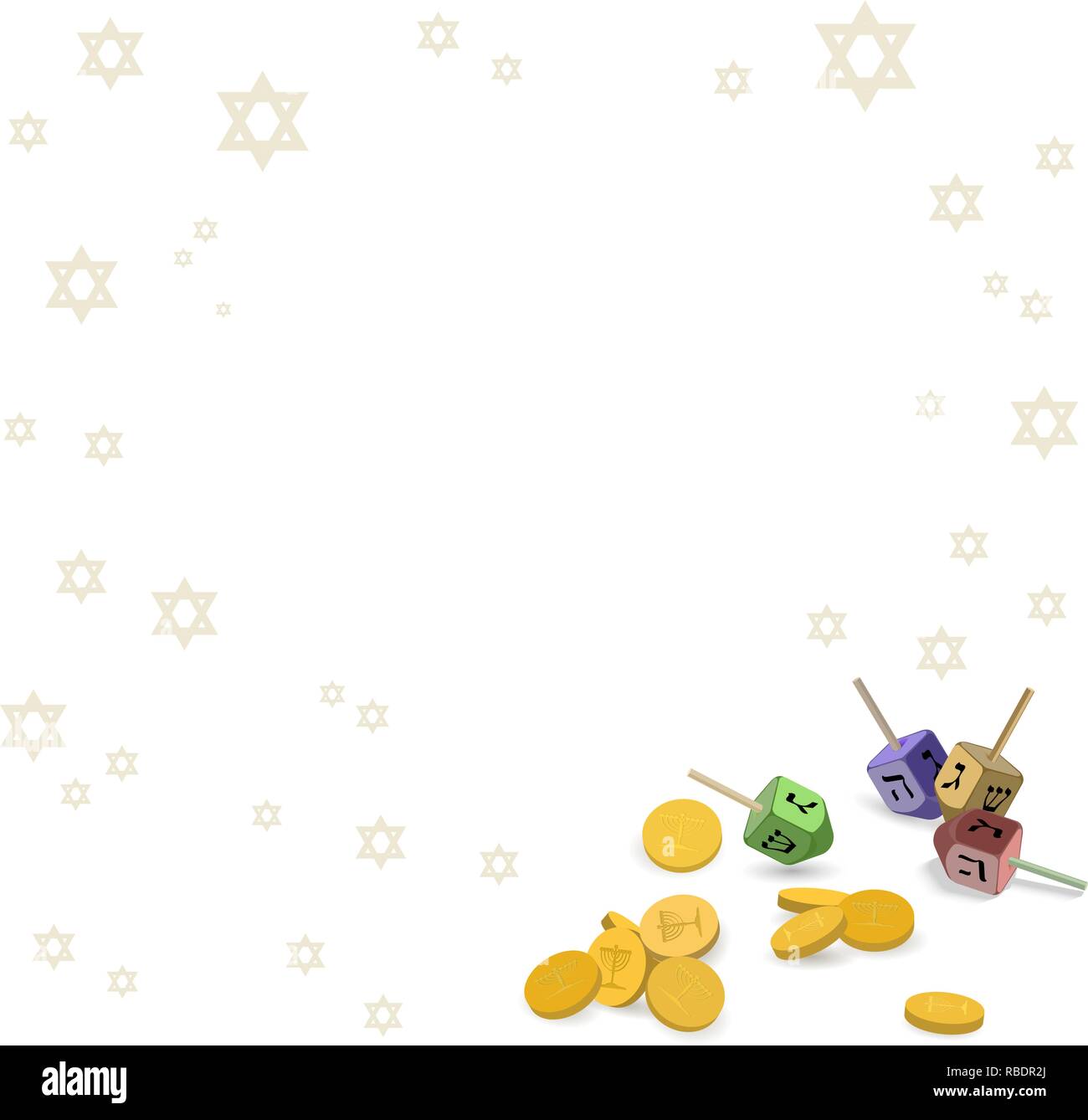 Chanukka Grußkarte mit David Stern, dreidels und Goldmünzen. Für Ihren Text. Traditionelle Chanukah Symbole auf weißem Hintergrund. Ve Stock Vektor