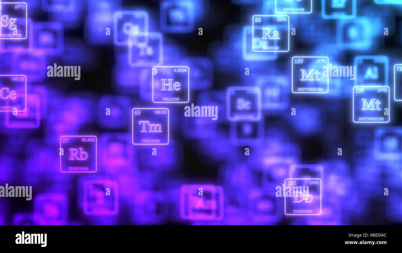 Cloud der periodischen Elemente Tabelle Konzept mit leuchtenden neon Linien. 3D-Darstellung Stockfoto