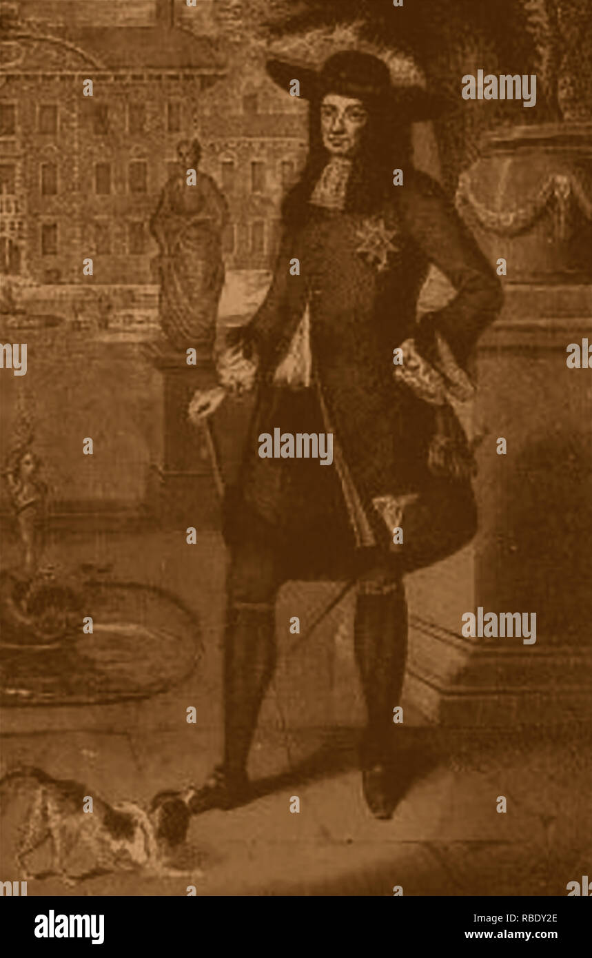 Formale Porträt von König Charles II (1630-1685) sagte zu bei Dawney (jetzt Dorney) Gericht, Buckinghamshire, England (aber wahrscheinlich wirklich am Palast von Whitehall). Er ist dargestellt mit seinem Haustier, Spaniel hund Stockfoto