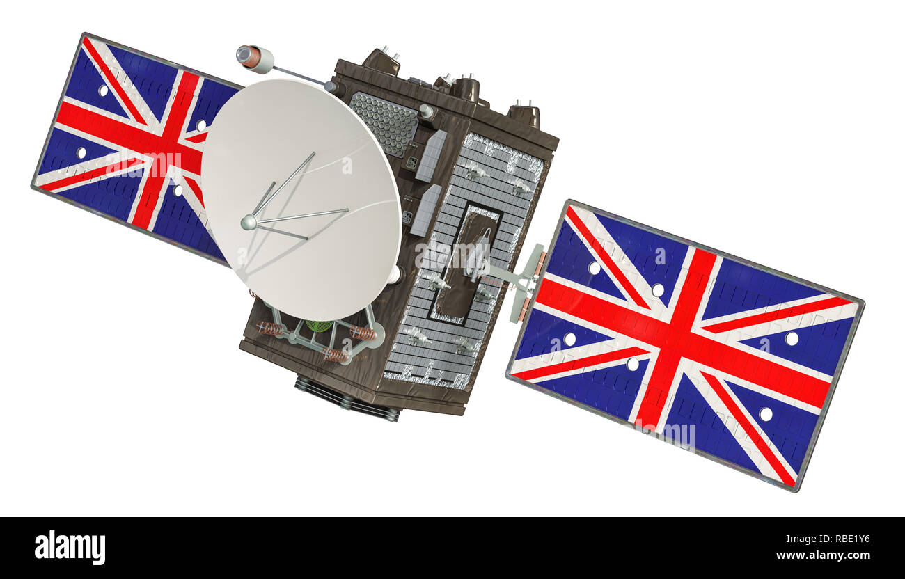 Satellit der Vereinigten Königreich, 3D-Rendering auf weißem Hintergrund Stockfoto