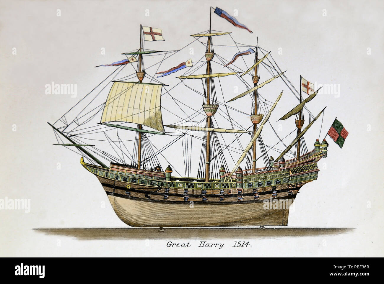 Der große Harry. Berühmte englische Kriegsschiff 1514 erbaut im Auftrag des Königs Henry VIII. Gravur, 18. Später Färbung. Stockfoto