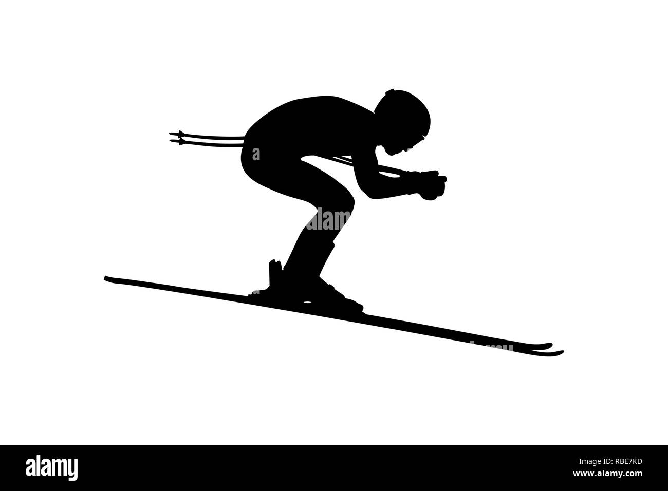 Ski Alpin Männer downhill Seitenansicht schwarze Silhouette Stockfoto