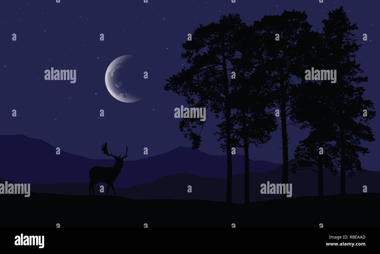 Realistische Abbildung eines Hirsches Silhouette in einer Berglandschaft mit einem Wald und Nadelbäumen, unter einem lila Nachthimmel mit Sternen und einem Cres Stock Vektor