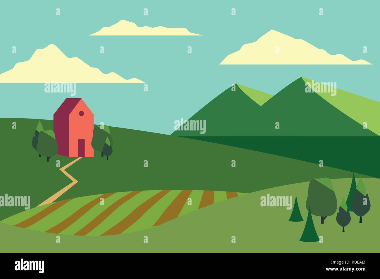 Vector Illustration der Felder Landschaft mit grünen Hügeln, blauer Himmel, Bauernhof und Wald im flachen Stil. Stock Vektor