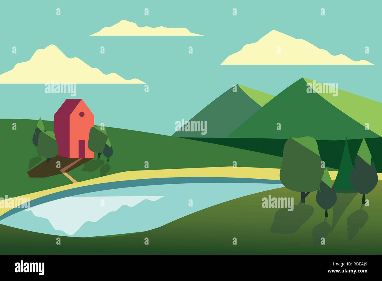 Vector Illustration der Felder Landschaft mit grünen Hügeln, blauer Himmel, Bauernhof und Wald im flachen Stil. Stock Vektor