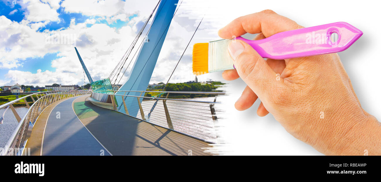 Städtischen Skyline von Derry City (auch genannt) Londonderry in Nordirland mit dem berühmten Peace Bridge (Europa - Nordirland) - Konzept Bild wit Stockfoto