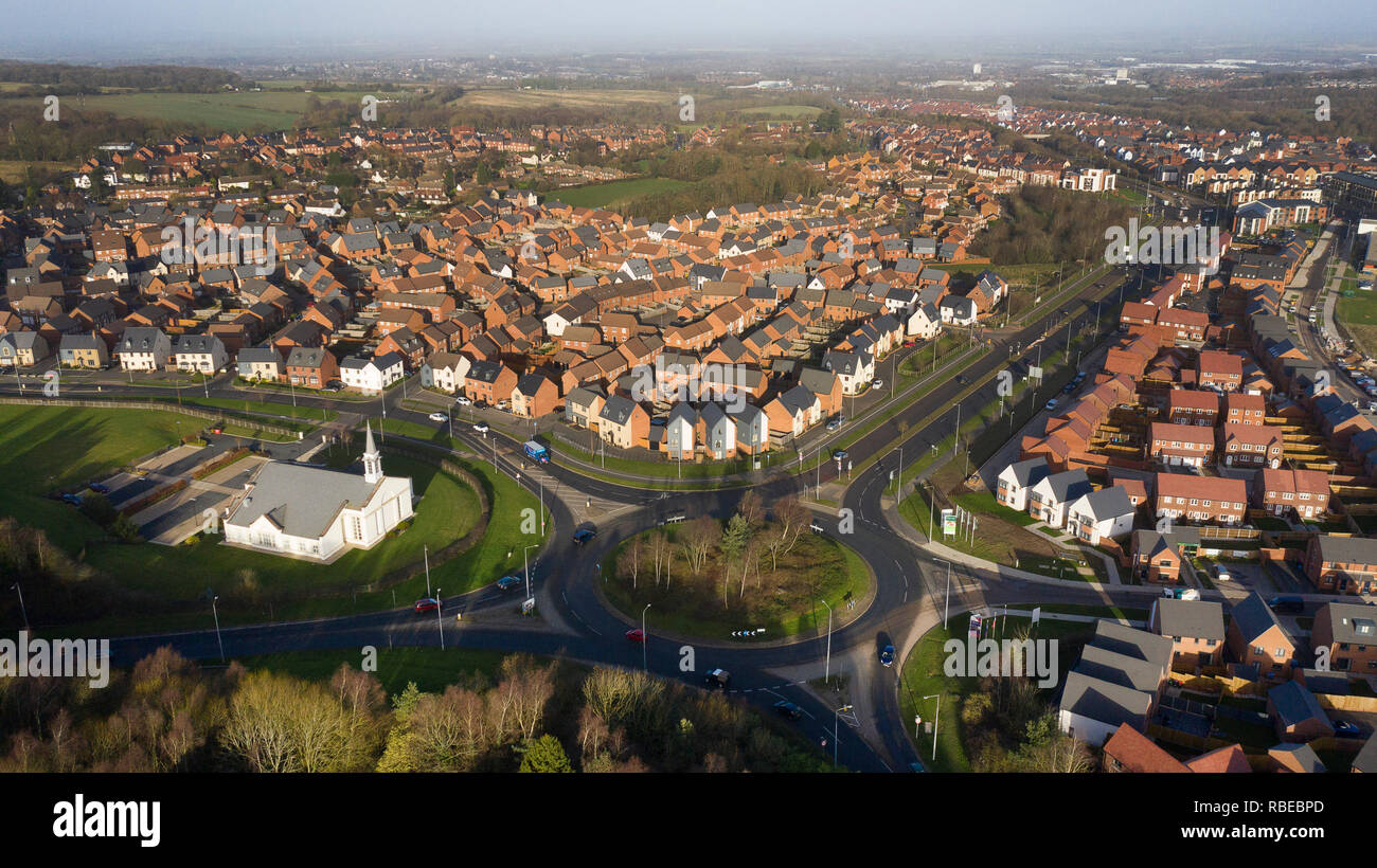Luftaufnahme der Neubau auf der grünen Gürtel Land an Lawley in Telford Shropshire 2019 Stockfoto