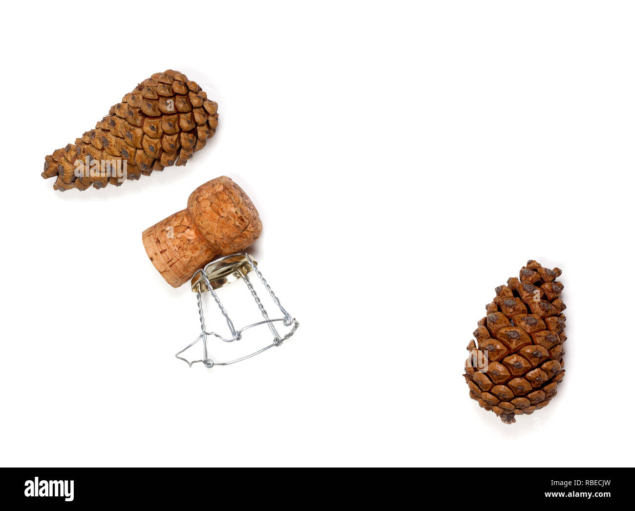 Tannenzapfen und Champagner Wein Kork mit muselet. Auf weissem Hintergrund. Blick von oben. Stockfoto