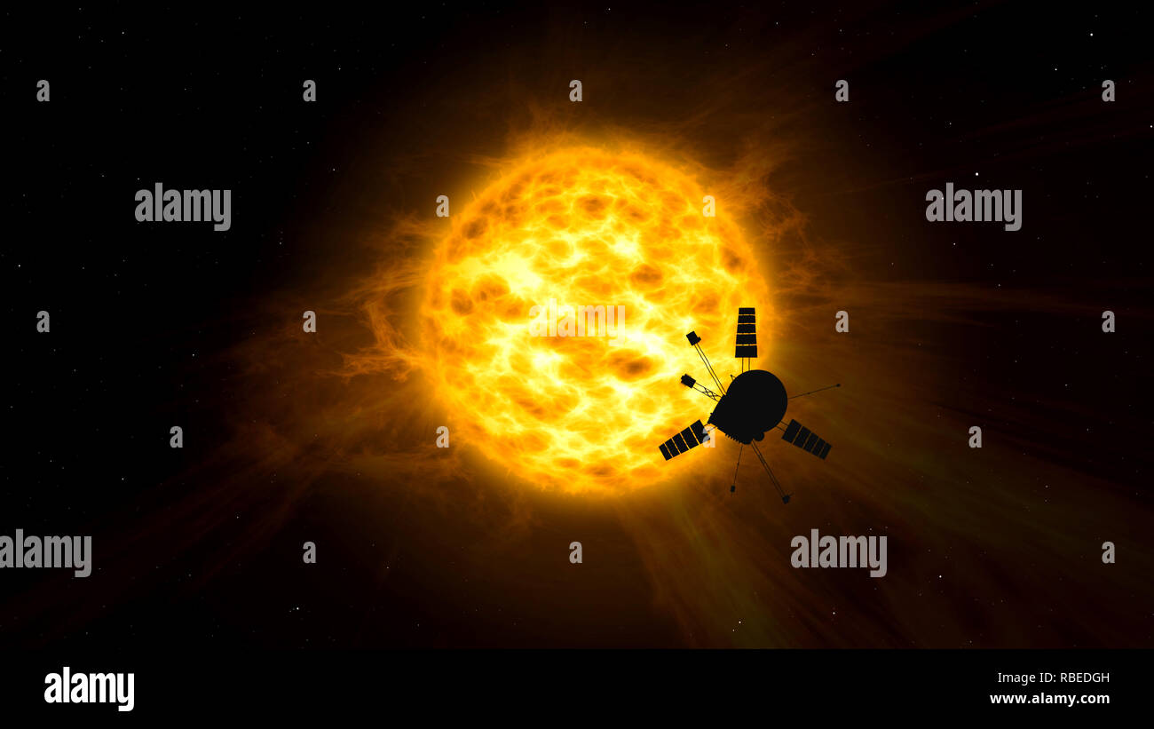 Cosmos Exploration in einem Raumschiff auf die solare Umlaufbahn. Realistische 3D-Flug von Raumfahrzeugen und sun Forschung. Raumfahrt Konzept 3D-Abbildung. Stockfoto