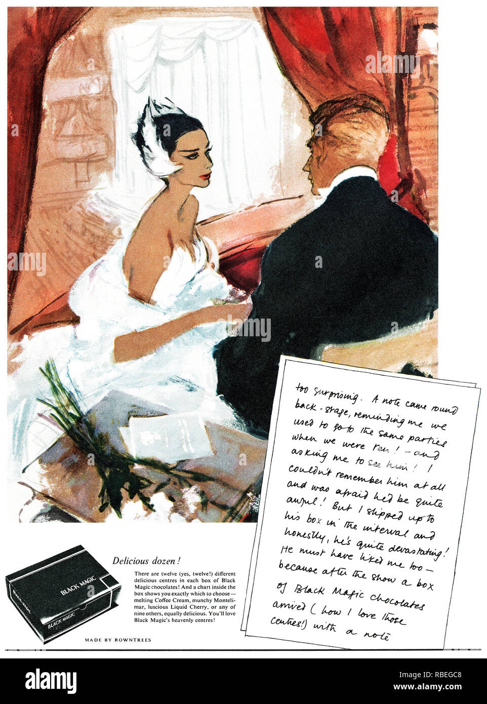 1956 britischen Werbung für Rowntree's Black Magic Pralinen. Stockfoto