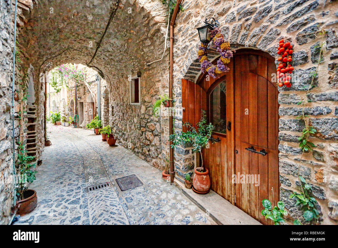 Traditionelle Häuser im mittelalterlichen Dorf von Mesta Dichtmasse auf der Insel Chios, Griechenland Stockfoto