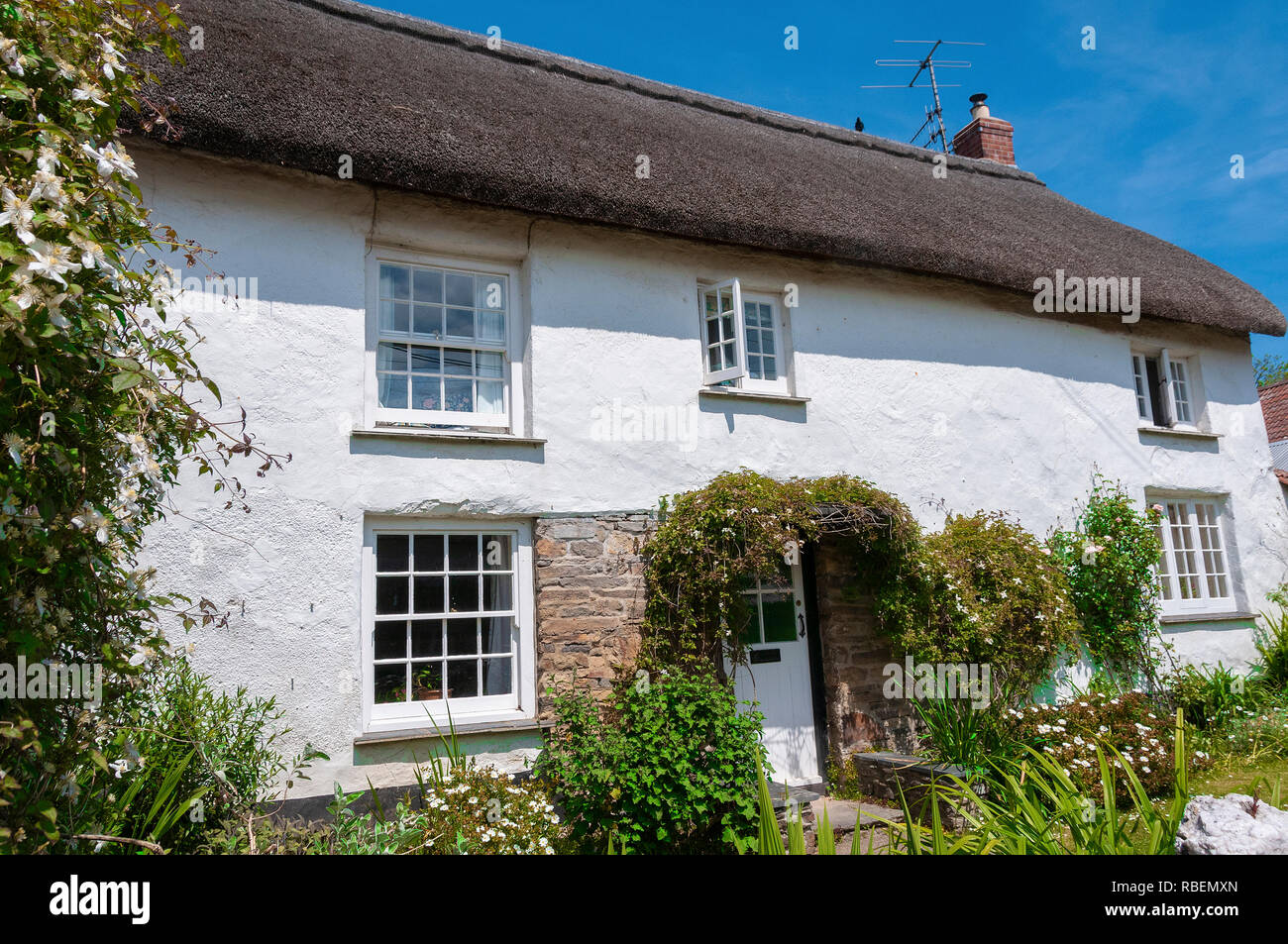Reetdachhaus an der Küste Feriendorf Croyde in der Grafschaft Devon, Südwest-England, Großbritannien Stockfoto