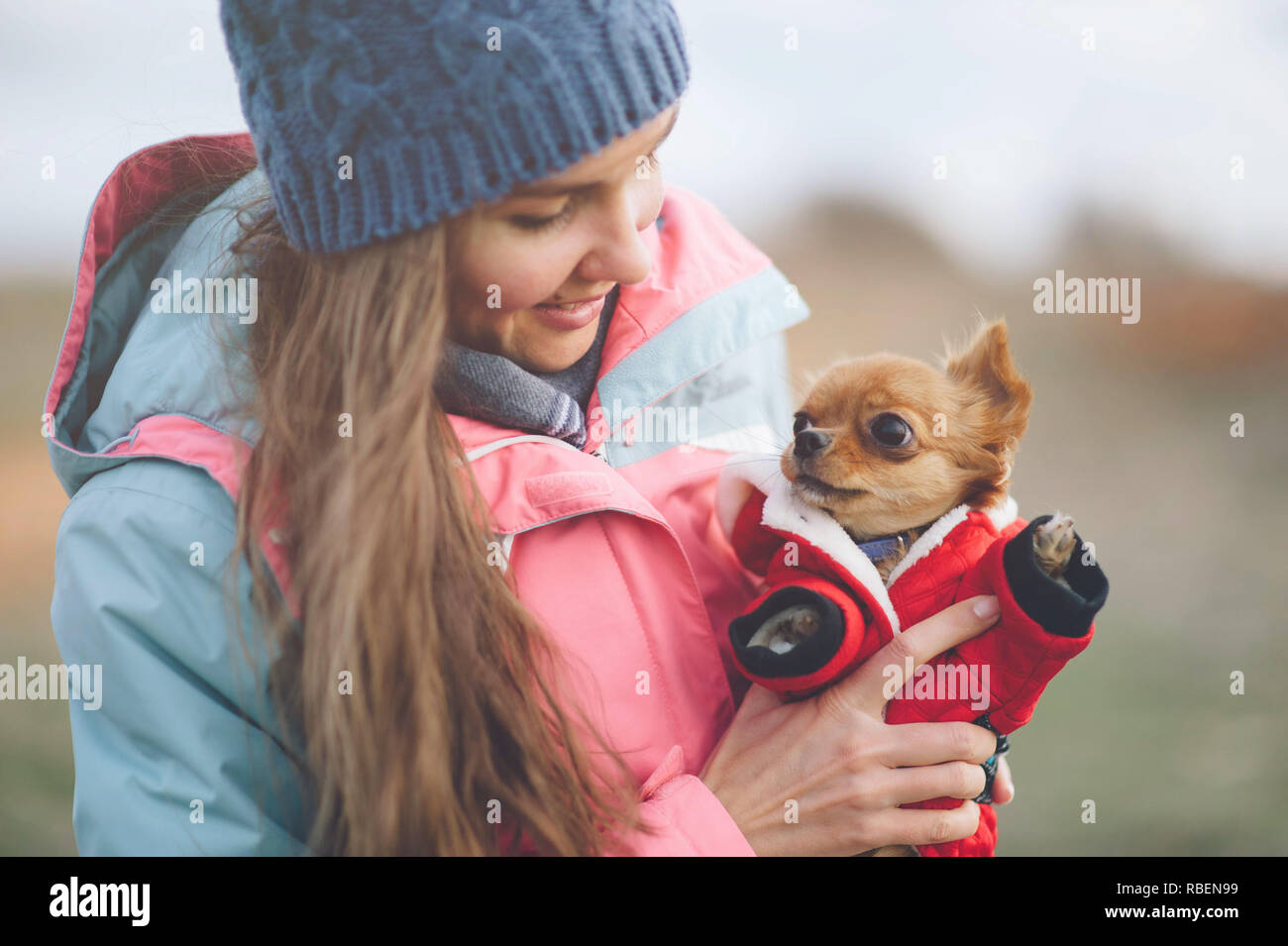 Glückliche gesunde junge Frau mit kleinen Chihuahua Welpe Hund Tragen von Kleidung in den Händen Stockfoto