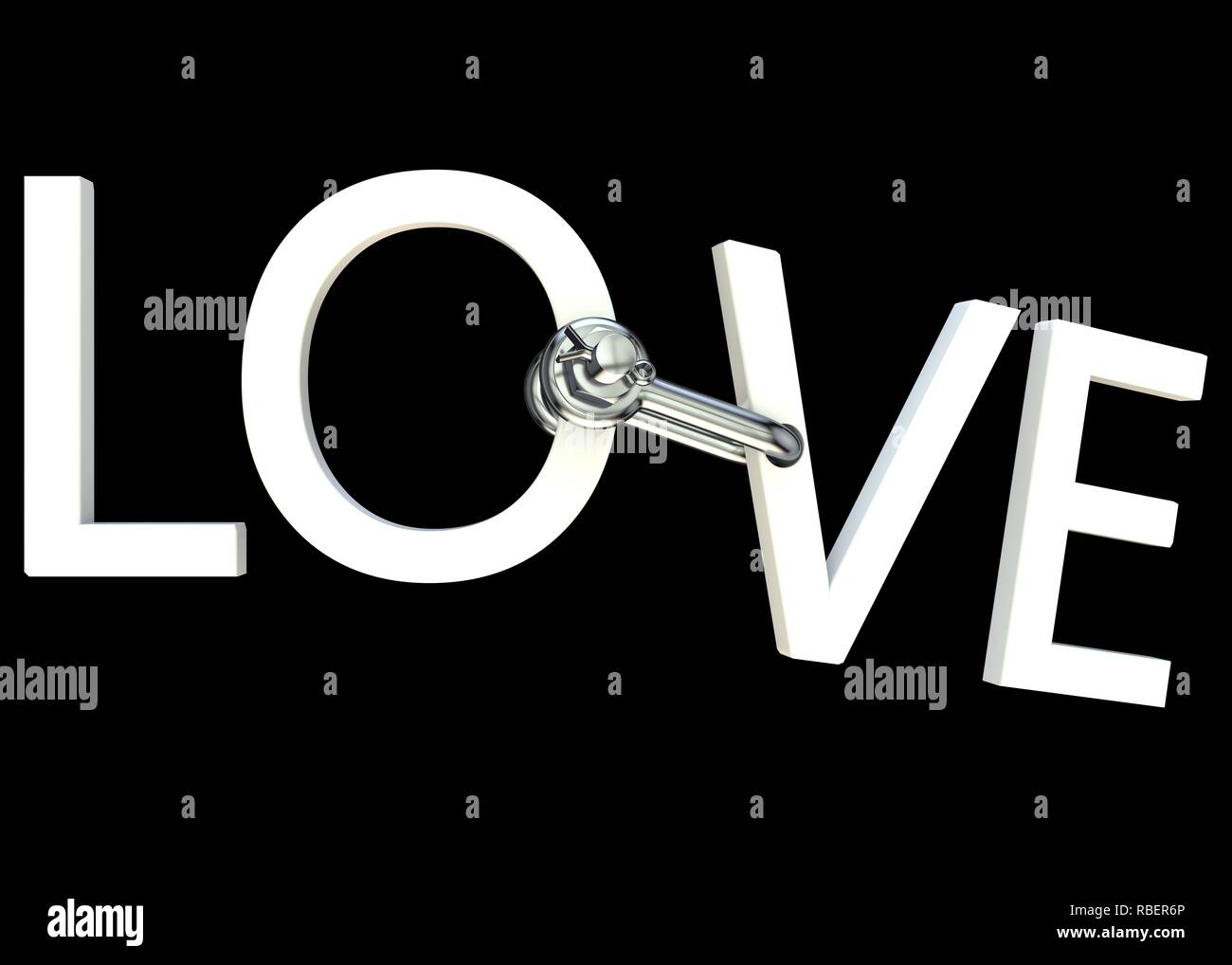Motto Liebe des roten Buchstaben durch eine Halterung angeschlossen. Isolierte Hintergrund. Hohe Auflösung. 3D-Rendering Stockfoto