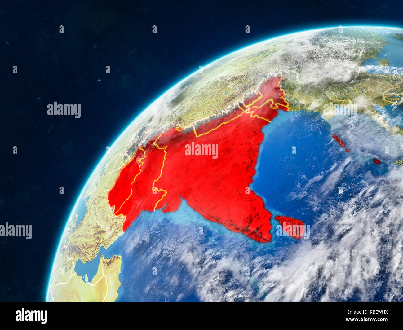 SAARC Mitglied staaten auf realistischen Modell der Erde mit Ländergrenzen und sehr detaillierten Planeten und Wolken. 3D-Darstellung. Elemente der Stockfoto