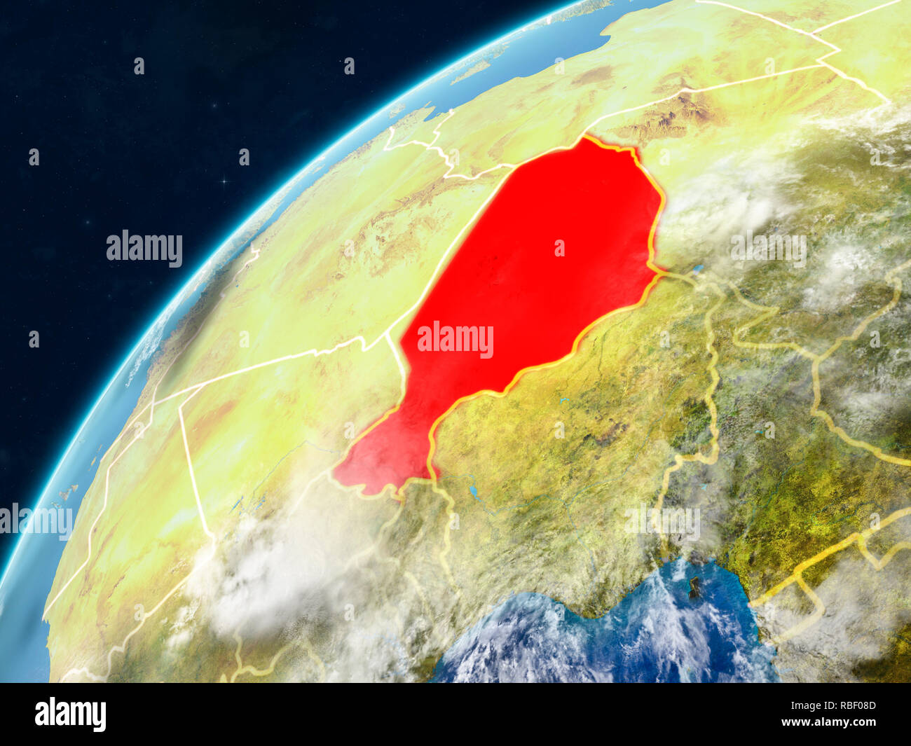 Niger auf realistischen Modell der Erde mit Ländergrenzen und sehr detaillierten Planeten und Wolken. 3D-Darstellung. Elemente dieses Bild Fell Stockfoto