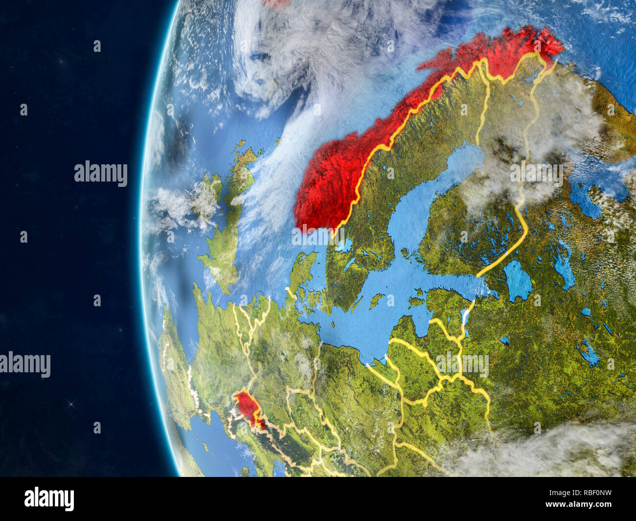 EFTA-Ländern von Speicherplatz auf dem Modell des Planeten Erde mit Ländergrenzen und sehr detaillierten Planeten und Wolken. 3D-Darstellung. Elemente dieser Stockfoto