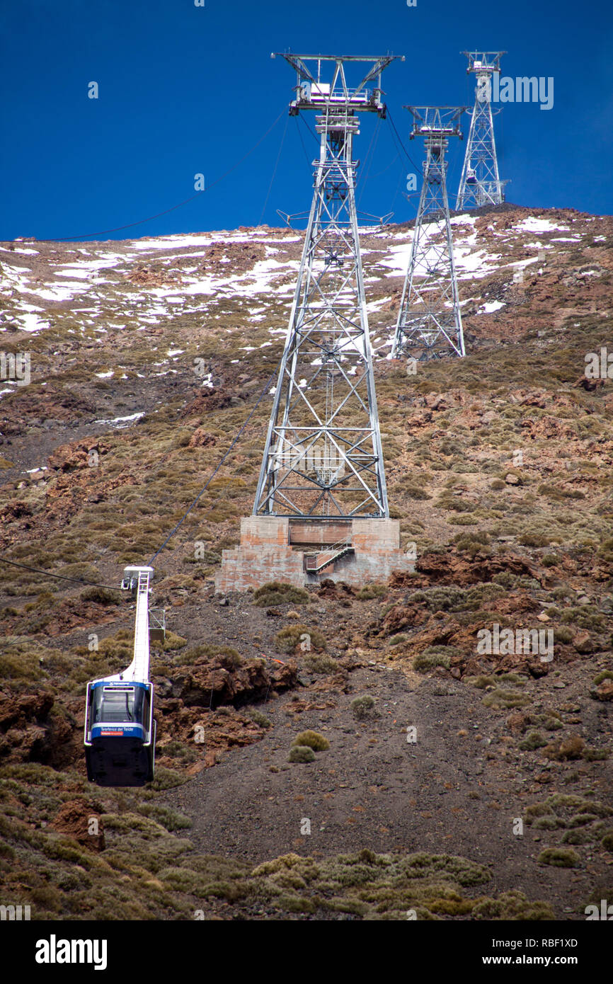 Ein schönes Foto von einer Seilbahn (Aerial Lift) auf den Gipfel des Vulkan Teide auf Teneriffa Stockfoto