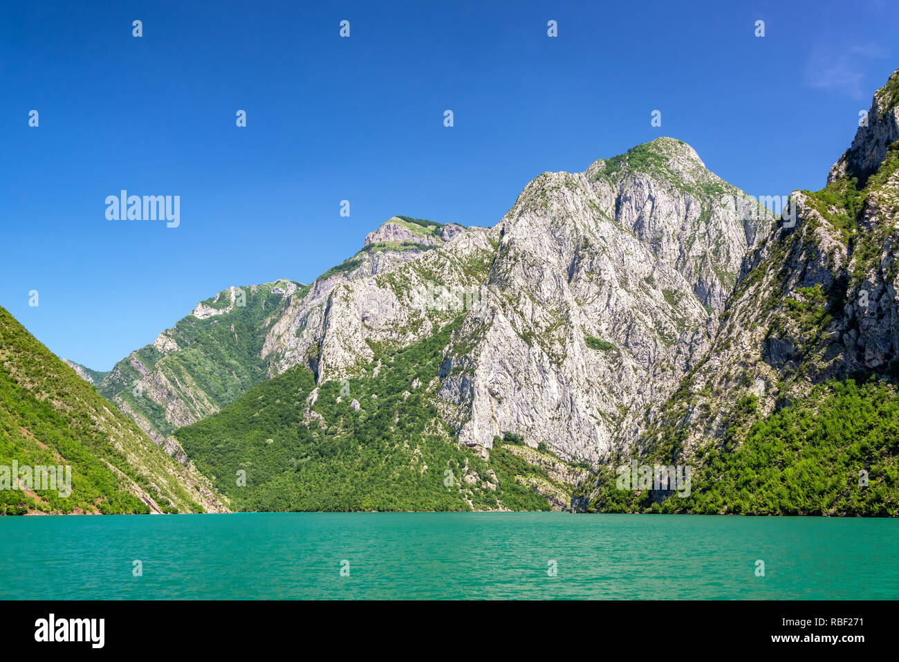 Schöne Sicht auf den See Koman und der Albanischen Alpen in der Nähe von Shkodra, Albanien Stockfoto