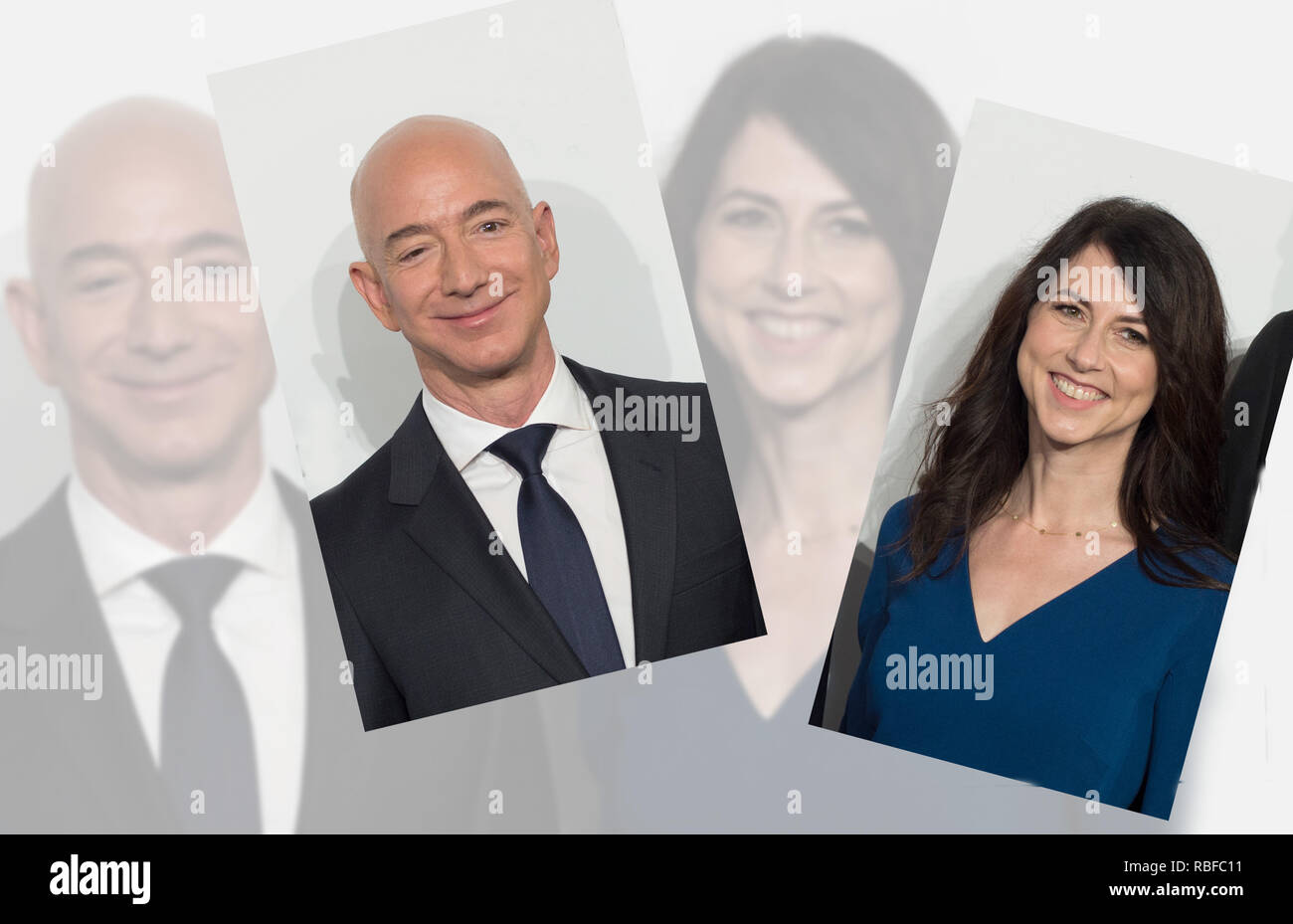 Berlin, Deutschland. 10 Jan, 2019. Foto Montage: Er ist der reichste Mann der Welt und nun wieder Single: Jeff Bezos hat getrennt nach 25 Jahren Ehe von seiner Frau MacKenzie. Archiv Foto: Jeff Bezos (Gründer und Chief Executive Officer (CEO) von uns Online Versandhändler Amazon Inc., und der Besitzer der Washington Post Zeitung) mit seiner Frau Mackenzie BEZOS. Die Axel Springer Award 2018 Unter dem Motto "Ein Abend für Jeff Bezos' vergeben? In Berlin Verlag, Berlin, Deutschland am 24.04.2018. Å | Verwendung der weltweiten Kredit: dpa/Alamy leben Nachrichten Stockfoto