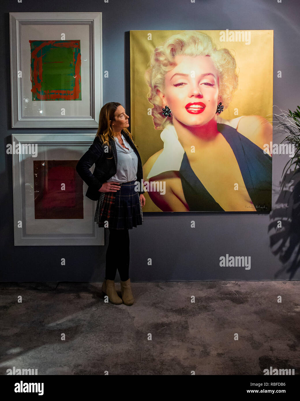 London, Großbritannien. 10. Jan 2019. Marilyn von Sir Peter Blake, £ 19.900, aus der Tanya Baxter Zeitgenössische und andere Werke - die Mayfair Antiquitäten & Fine Art Fair, London Marriott Hotel Grosvenor Square. Credit: Guy Bell/Alamy leben Nachrichten Stockfoto