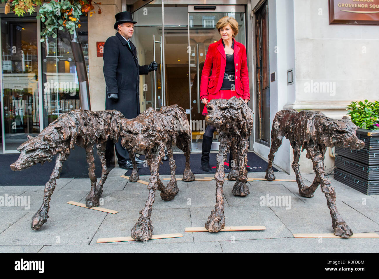 London, Großbritannien. 10. Jan 2019. Clare trenchard's Lifesize bronze Wölfe (20.000 £ je von Bravour Galerie) - Das Mayfair Antiquitäten & Fine Art Fair, London Marriott Hotel Grosvenor Square. Credit: Guy Bell/Alamy leben Nachrichten Stockfoto