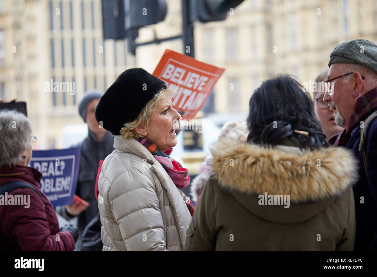 London, Großbritannien. 10 Jan, 2019. Der konservative Abgeordnete Anna Soubry Aktien eine Diskussion mit Anhängern Verlassen außerhalb des Parlaments. Credit: Kevin J. Frost-/Alamy leben Nachrichten Stockfoto