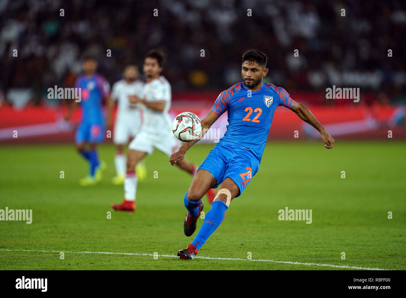 Januar 10, 2019: Anas Edathodika von Indien während der VAE v Indien im Zayed Sports City Stadium in Abu Dhabi, VAE, AFC Asian Cup, asiatische Fußball-Meisterschaft. Ulrik Pedersen/CSM. Stockfoto