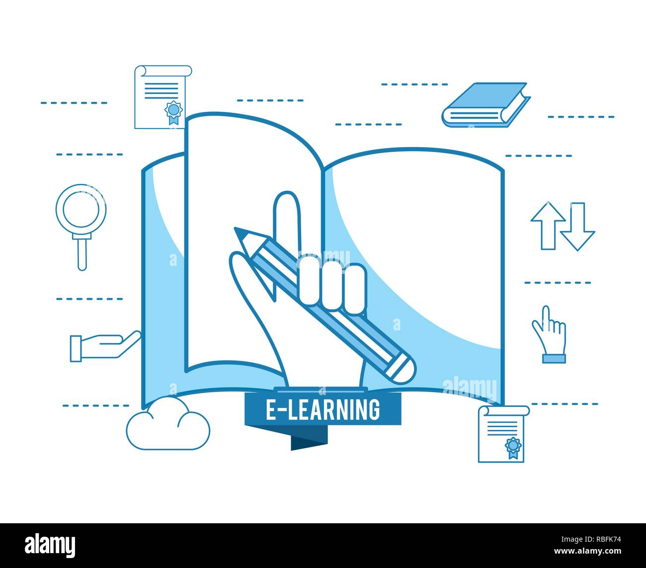 Elearning buch Bildung und von Hand mit Bleistift Stock Vektor