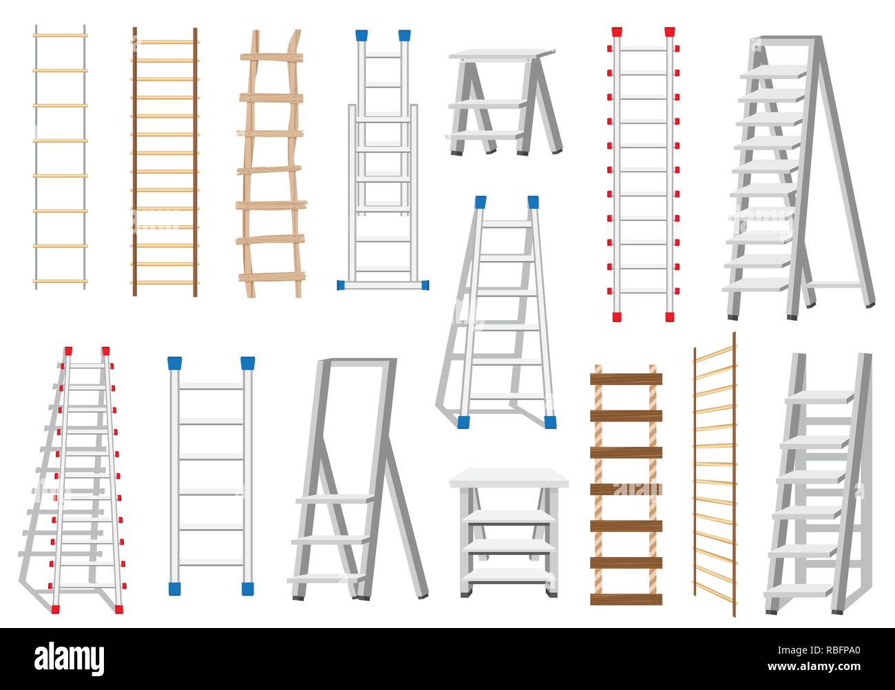 Leitern Set aus verschiedenen Materialien: Holz und Metall. Strickleiter. Vector Illustration. Stock Vektor Leitern Set aus verschiedenen Materialien: Holz und Metall. Strickleiter. Vector Illustration. Stock Vektor