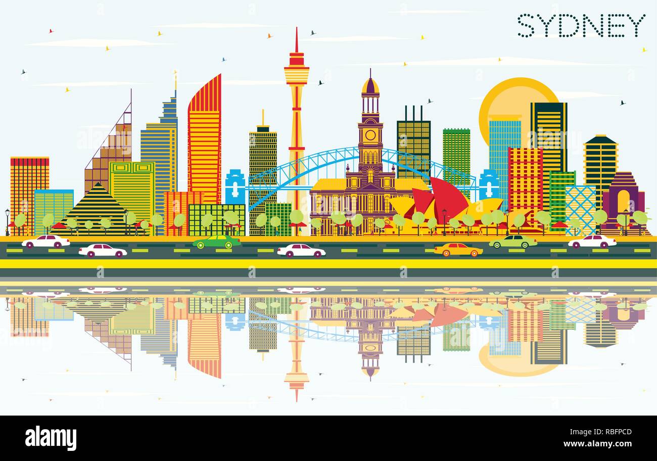 Sydney Australien City Skyline mit Farbe Gebäude, blauer Himmel und Reflexionen. Vector Illustration. Stock Vektor