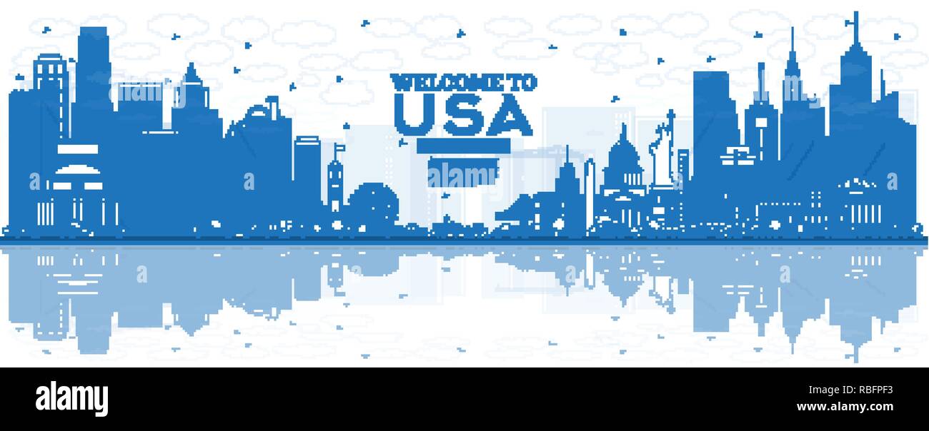 Überblick Willkommen bei USA Skyline mit blauen Gebäude und Reflexionen. Berühmte Sehenswürdigkeiten in den USA. Vector Illustration. Stock Vektor