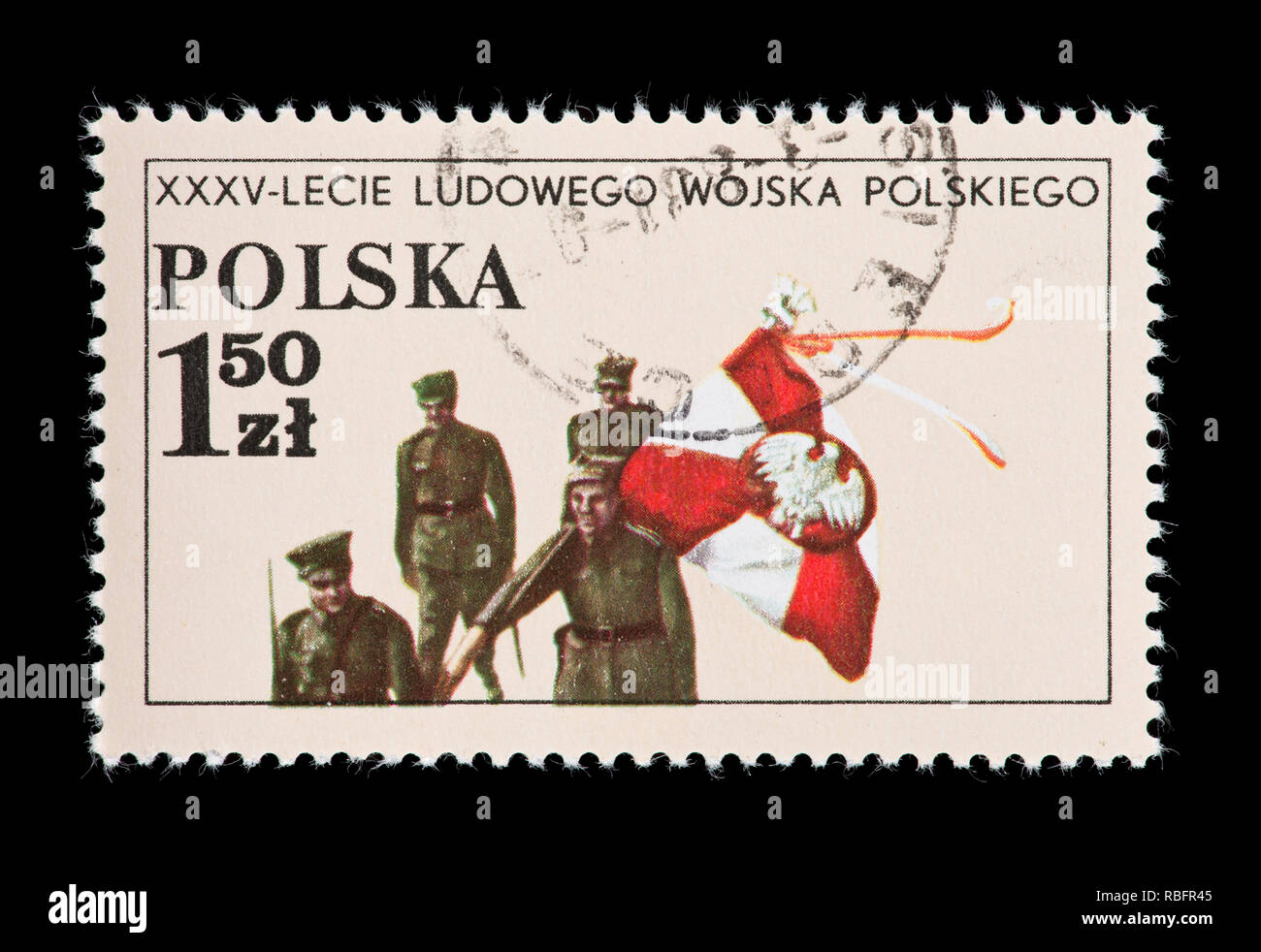 Briefmarke aus Polen mit der Darstellung der Color Guard der Koszuisko Division, 35th Jahrestag der Volksarmee. Stockfoto